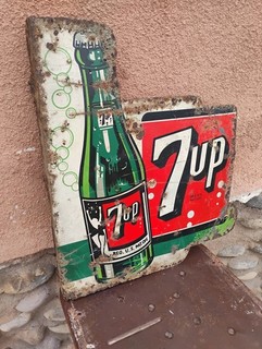 Original 1940s 7UP Tin Flange Sign Soda Pop Advertising Vintage