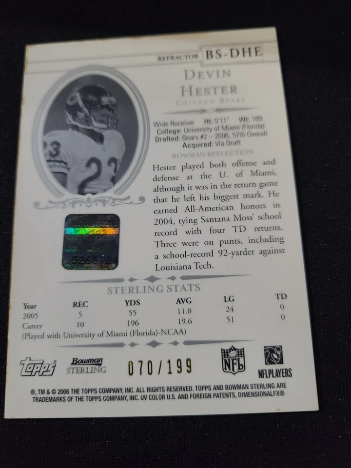 Devin Hester (RC) #BS-DHE Rookie Auto- 2006 Bowman Sterling 70/199 Chicago Bears - Image 2 of 3