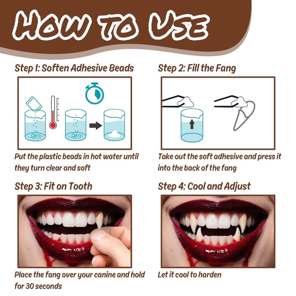 Colmillos de vampiro para cosplay - 12 pares de dientes postizos para fiestas de Halloween Foto 4 de 4