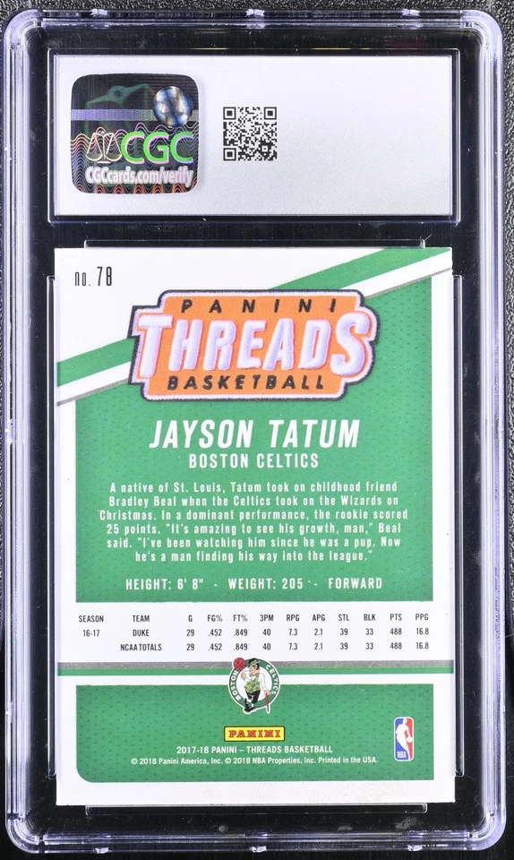 2017-18 Panini Threads - Jayson Tatum #78 (RC) CGC 7 NEAR MINT!!! - Image 2 of 2