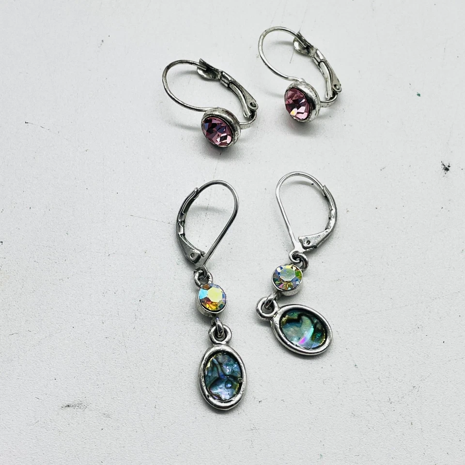 Lote de 2 Pendientes Mujer Palanca Tono Plata Abulón Cuelga + Estrás Rosa Foto 2 de 4