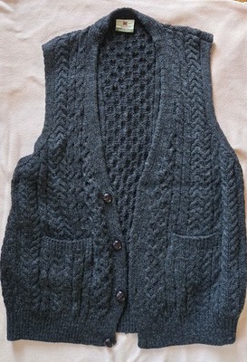 Carraig Donn Pure New Wool Fisherman Sweater Vest Gray Size XL Made In Ireland