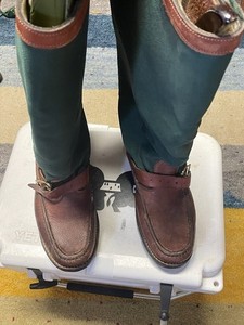 Russell Moccasin Green Brown Leather Canvas Snake Boots Buckle. Size 13