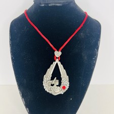Pewter Angel Wing Pendant with Red Rhinestone Hearts Vintage On Red String 18in