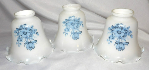 Set of 3 Ruffled GLASS White BLUE Floral Votive Lamp Light Shades 4.5" 2" Fitter