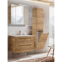 BadmöBel Set Wotaneiche Waschtisch Led-Spiegelschrank Hochschrank GäSte-Wc Bad