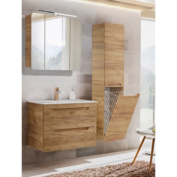BadmöBel Set Wotaneiche Waschtisch Led-Spiegelschrank Hochschrank GäSte-Wc Bad-image