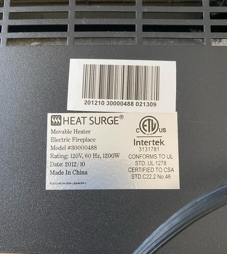 Heat Surge Electric Fireplace Movable Heater Model #30000488 1200W Works Great - Picture 4 of 7