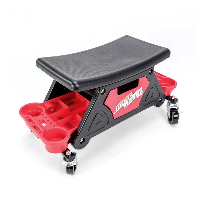 Tabouret d'atelier mobile noir en acier avec plateau de rangement intégré