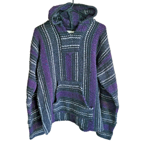 Baja Joe Mexican Poncho Hippy Drug Rug Pullover Hoodie Black Purple Size M - Picture 1 of 6