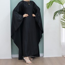 Satin Women Muslim Long Dress Dubai Evening Kaftan Abaya Batwing Sleeve Robe Eid