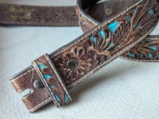 vintage ARIAT buckle belt WESTERN tooled leather 30 rhinestone STUDDED brown Y2K