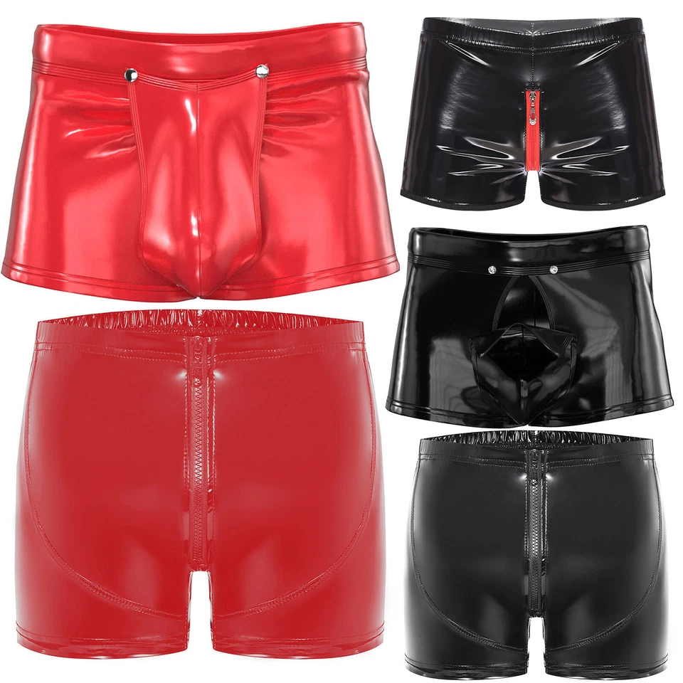 UK Men Wet Look Patent Leather Boxer Shorts Pouch Brief Open Clubwear Hot Pants - Image 3 of 3