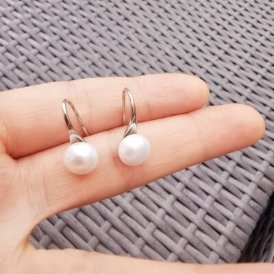 Genuine 8.5mm White Freshwater Pearl 925 Sterling Silver Hook Dangle Earrings UK - Image 1 of 4