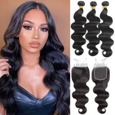 Body Wave Human Hair Bundles with 4×4 Lace Closure Remy Virgin Hair Extensions