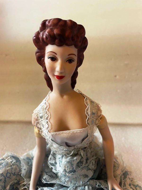 Vintage 14" Porcelain Lady Doll Blue Lace Dress Leatherette Body Unmarked H67