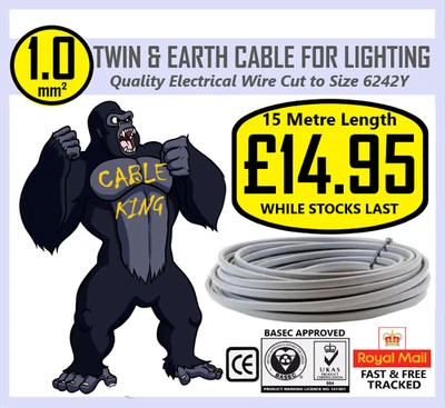 PRYSMIAN & TRADEFIX 15 Metre Length 1.0mm (1mm) TWIN & EARTH Lighting Cable 6242Y FAST FREE DELIVERY