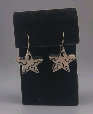 925 Sterling Silver Star Dangle Earrings Cutout Design Hook 9.6g