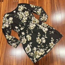 J Crew Black Floral Long Sleeve Elastic Waist Dress Knee Length Midi Mini Size 8