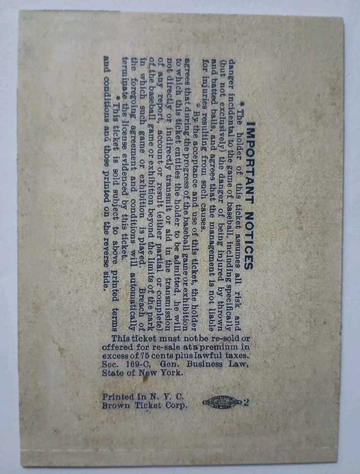 Lou Gehrig 1942 Rain Check Ticket Stub. A Very Nice Rendition. Very Nice  - Image 4 of 4