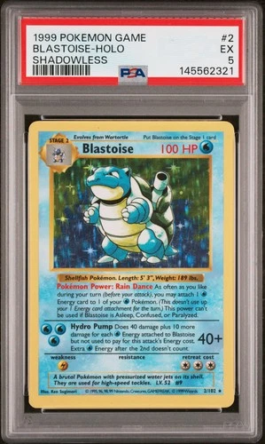 1999 POKEMON BASE SET SHADOWLESS #2 BLASTOISE-HOLO PSA 5