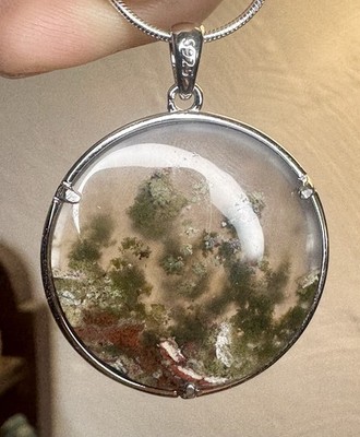 OOAK Scenic Indonesian Moss Achat Cabochon 925 Silber Halskette 22 Zoll 27 mm