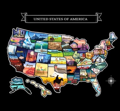 Large 23x16 Scratch-Off USA Map - Hand-Drawn 1''L x 1''W, Popular (Black)