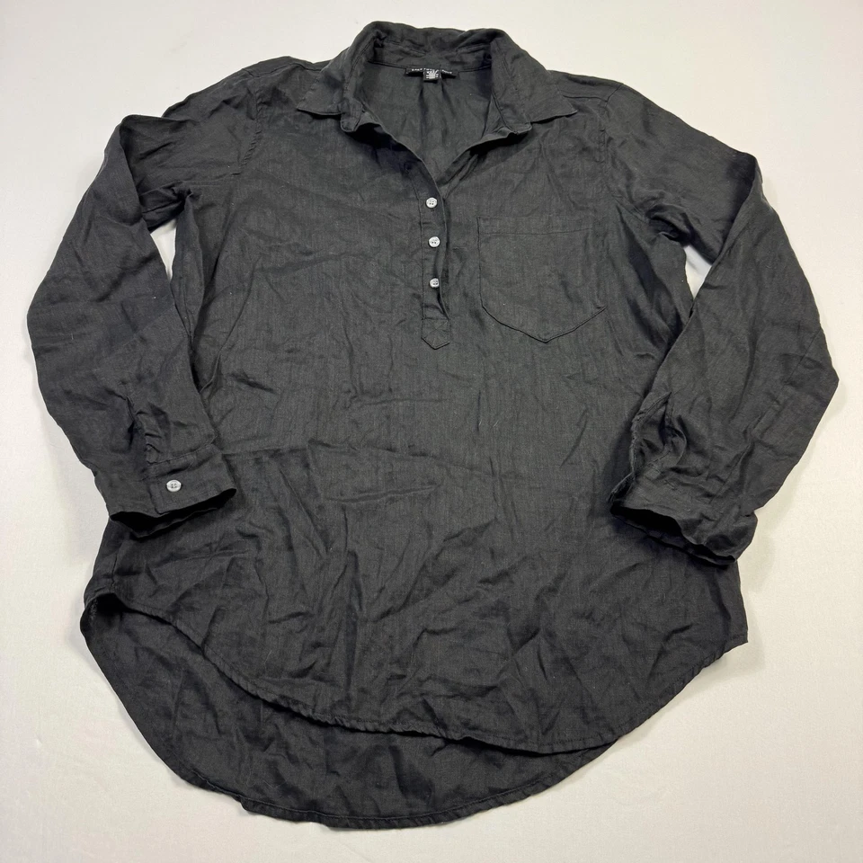Saks Fifth Avenue Shirt Mens Medium Black Linen Popover Tunic Long Sleeve - Image 2 of 4