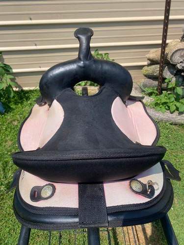Used Abetta 14" youth/small adult pink & black synthetic Western saddle US made - Picture 7 of 14
