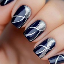 Navy Blue Press on Nails Short Square Fake Nails Silver Line False Style-33