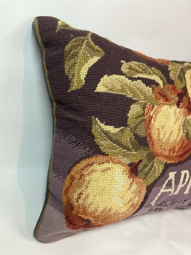 Vintage Needlepoint Throw Toss Pillow Apples Sonoma Fruit Needlework Purple Flaw - Picture 2 of 13
