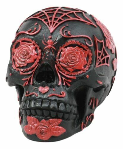 Day of the Dead Spinnennetz Blumenmuster rot Rose Schädel Statue Blumenmuster schwarz Zuckerschädel - Bild 4 von 7