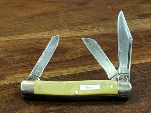 VINTAGE YELLOW USA SEARS CARBON STEEL STOCKMAN POCKET KNIFE 3-BLADE