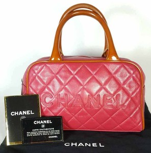 Authentic Chanel Red Tan Quilted Caviar Leather Small Bowling Tote Image Is Loading Authentic Chanel Red Tan Quilted Caviar Leather Small