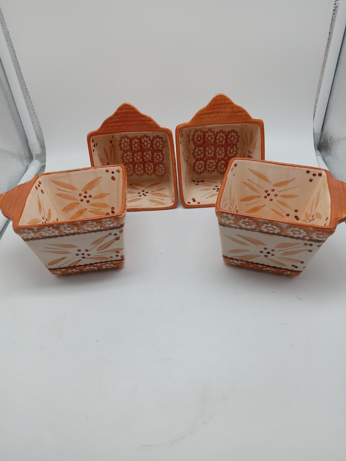 Temptations 4 Square Ramekins with Handles No Lids Old World Orange 10 oz