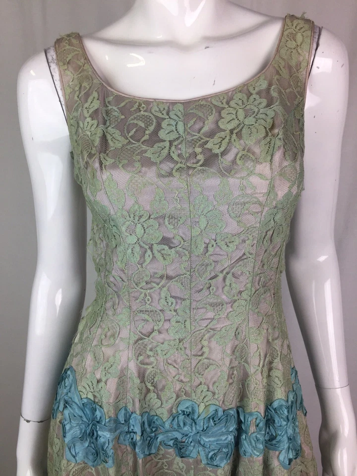 Vestido midi de encaje azul salvia tallado y acampanado vintage años 50 Ruth's Toggery para mujer XS Foto 3 de 4