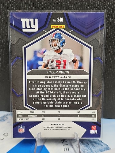 2024 Panini Mosaic Football TYLER NUBIN RC Pink Camo Prizm #346 New York Giants - Picture 2 of 2