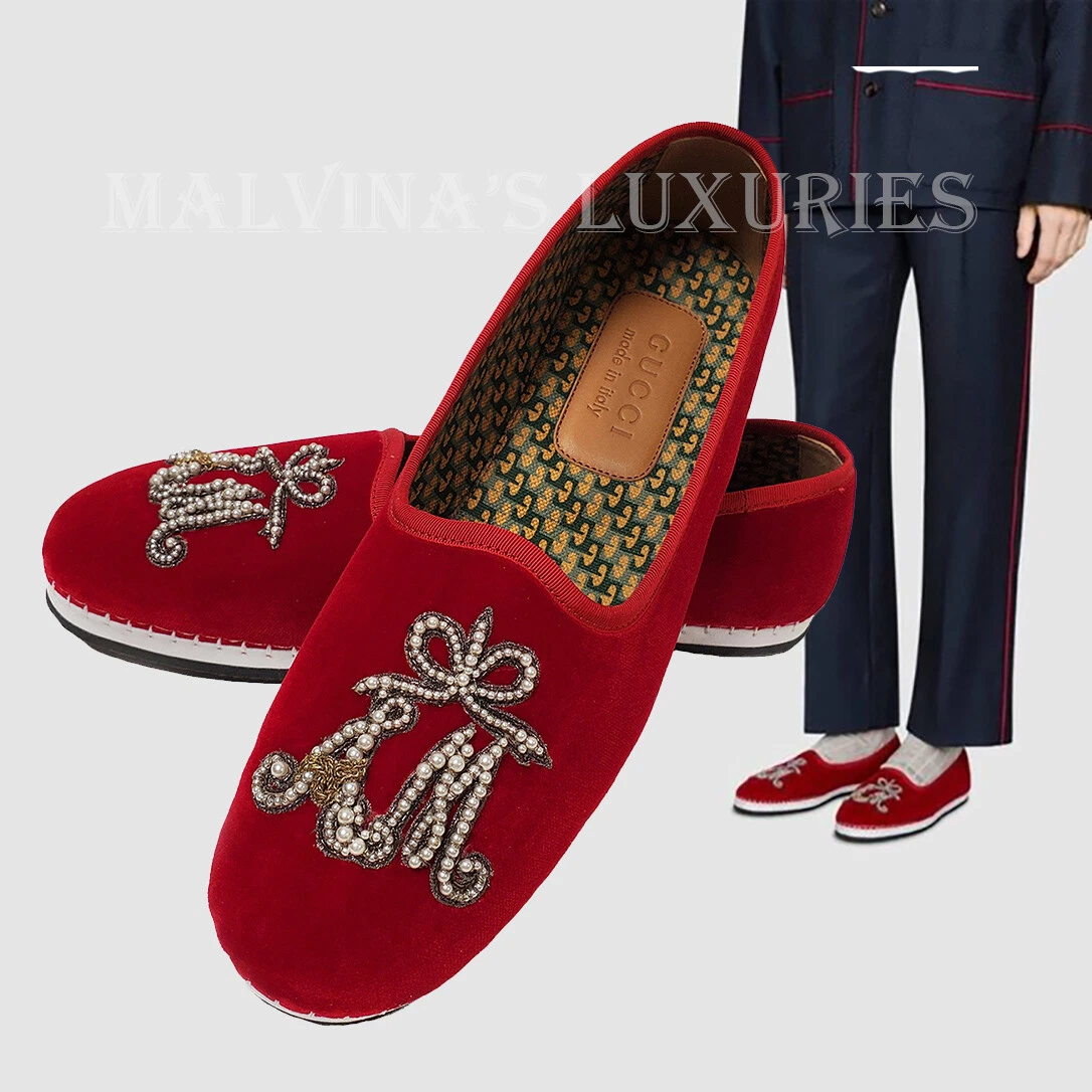 CHAUSSURES GUCCI HOMMES MOCASSINS MOCASSINS VELOURS ROUGE APPLIQUE PERLE 7,5 US 8