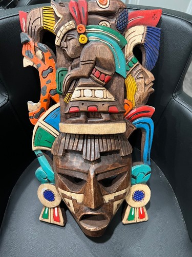 Hand Carved Mayan Wood Mask Warrior Pyramid Artwork Jaguar Snake Mexico Cedar - 第 1/14 張圖片