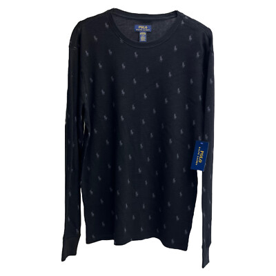 Polo Ralph Lauren Thermal Sleepwear Ribbed Long Sleeve Shrt Black Logo  Print $49