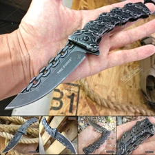8.25" SKULL STONEWASHED Camping Hunting Knife RAZOR Tactical POCKET Knife