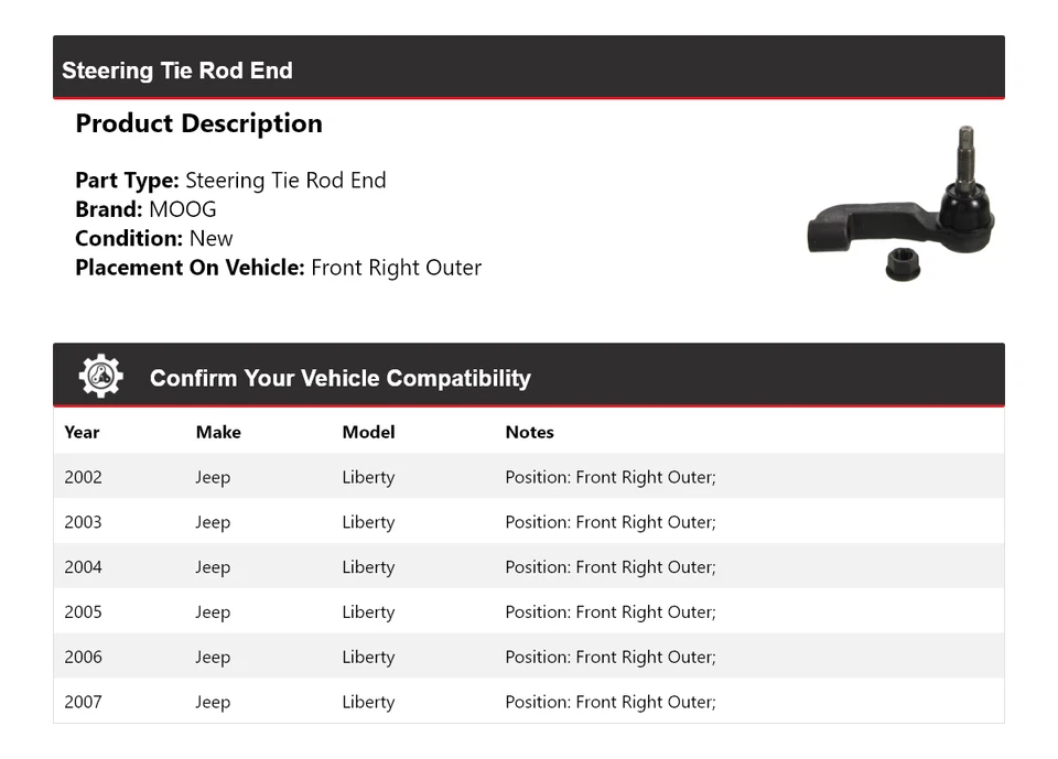 Extremo de barra de dirección delantero derecho exterior MOOG 2002-2007 Jeep Liberty 2002 2003 Foto 2 de 4