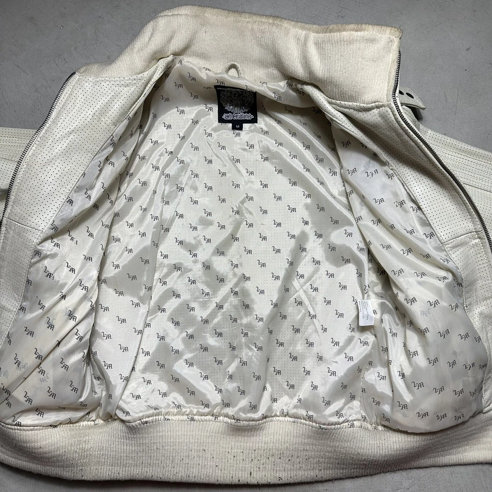 Vintage 90s Embellished Leather Jacket Womens M Cream Riding Moto Live Mechanics - Image 4 of 4