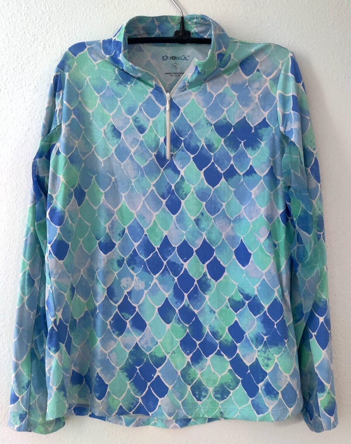 IBKUL Sun Swim Shirt Top M Vented Mesh LongSlv Collar BlueGreen Print GolfTennis