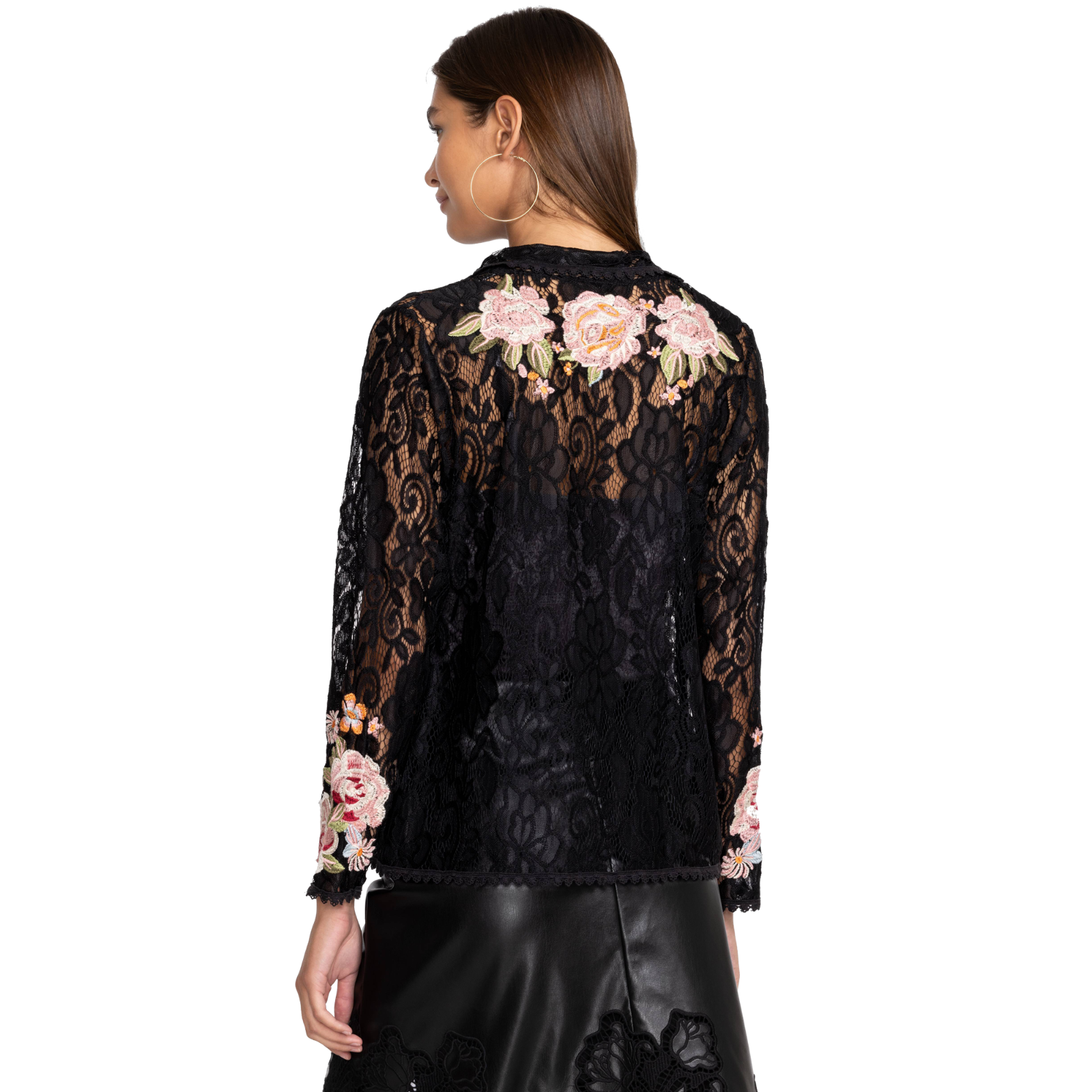 Johnny Was Veronne Lace Blouse Slip Long Sleeve Embroidery Black Top