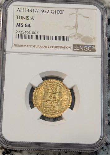 1932 100 Francs Tunisia Gold Coin MS64 MS-64 NGC AH1351 .1867 oz AGW