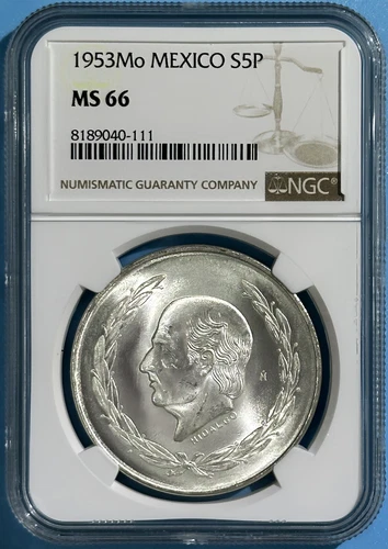 Mexico 1953 Mo 5 Pesos White Choice BU Silver Crown Hidalgo NGC MS66 Top Pop