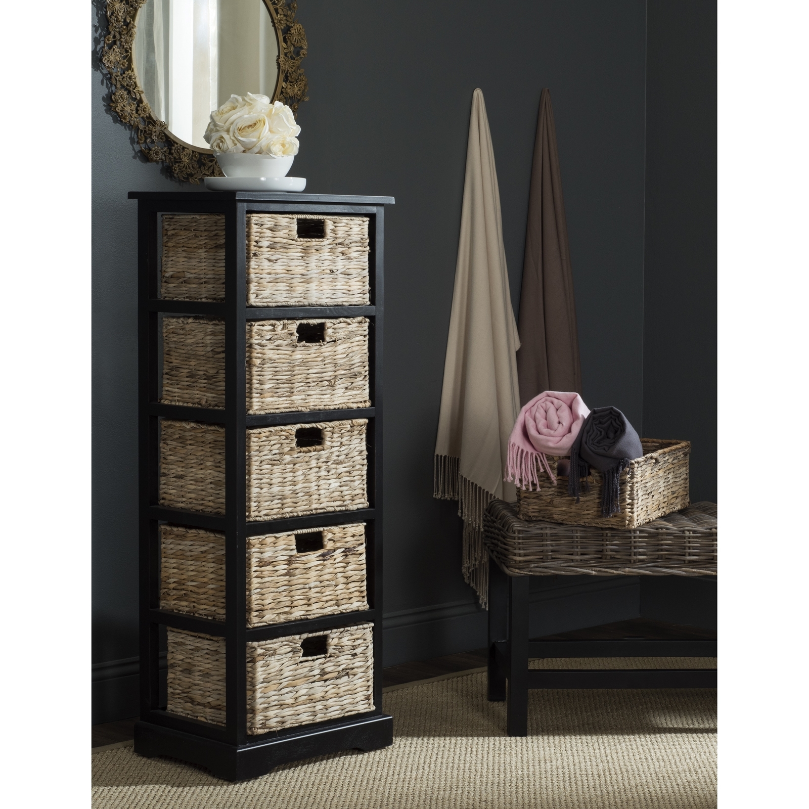 SAFAVIEH Vedette Distressed Black 5-drawer Wicker Basket Black 17.3
