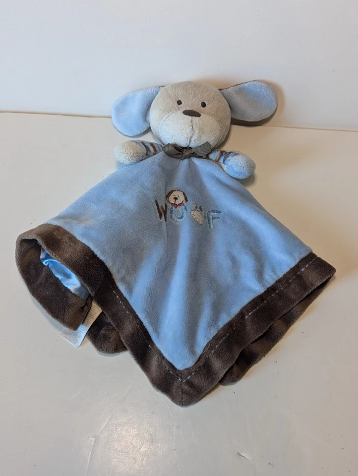 Manta de seguridad Carter's azul marrón cachorro perro 16" Lovey sonajero satinado WOOF  Foto 2 de 4