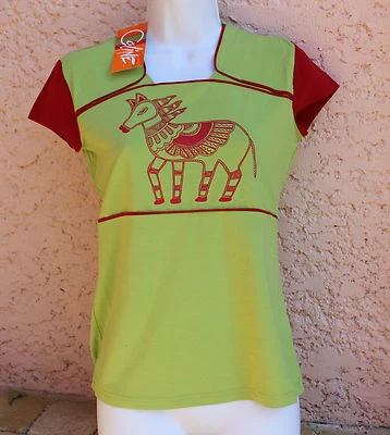 Tee shirt ethnique femme coton vert anis rouge avec motif marque COLINE Taille M - Photo 1/3